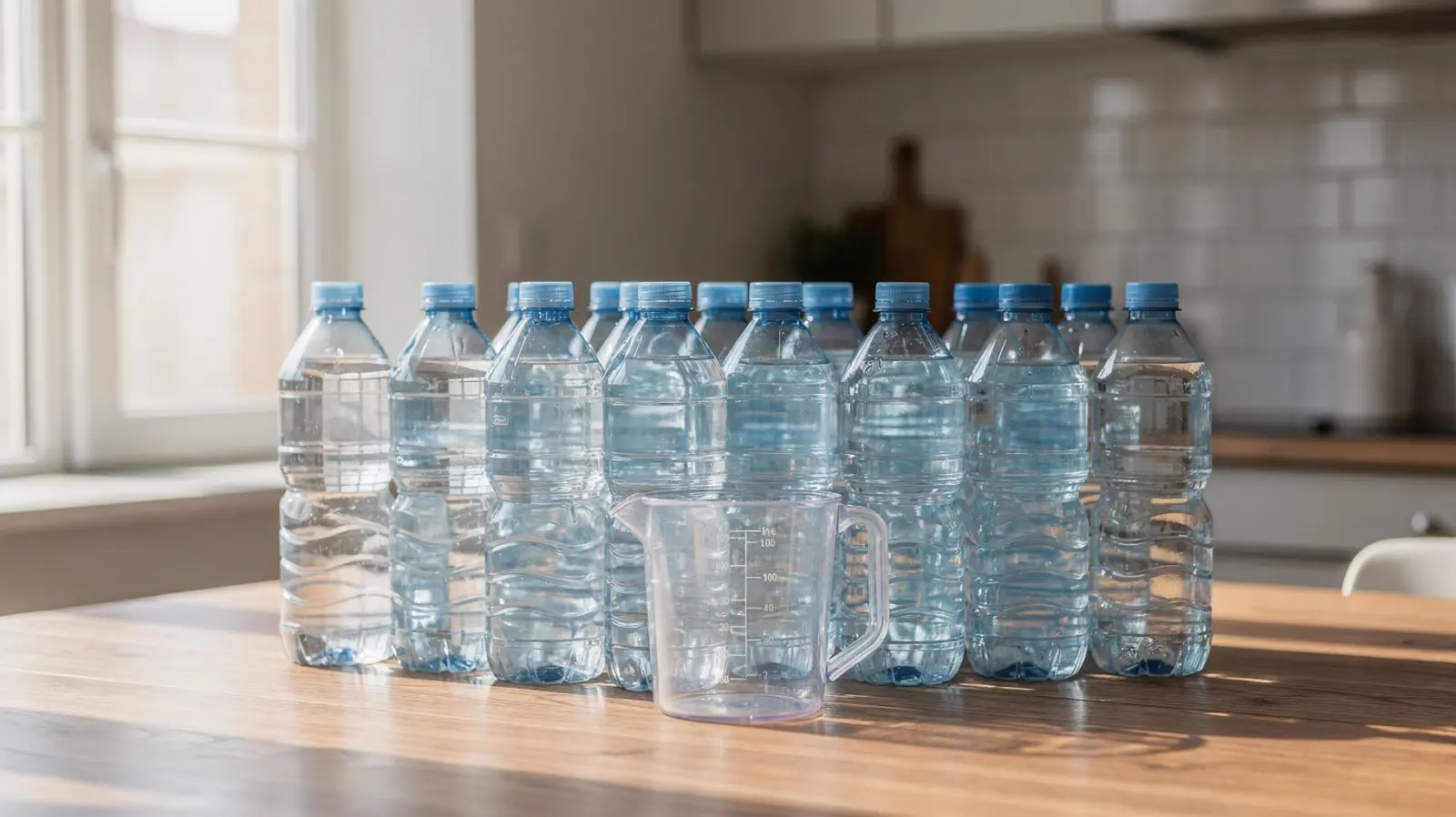 Wasservorrat für 72 Stunden mit Wasserflaschen und Kanister für die Notfallvorsorge