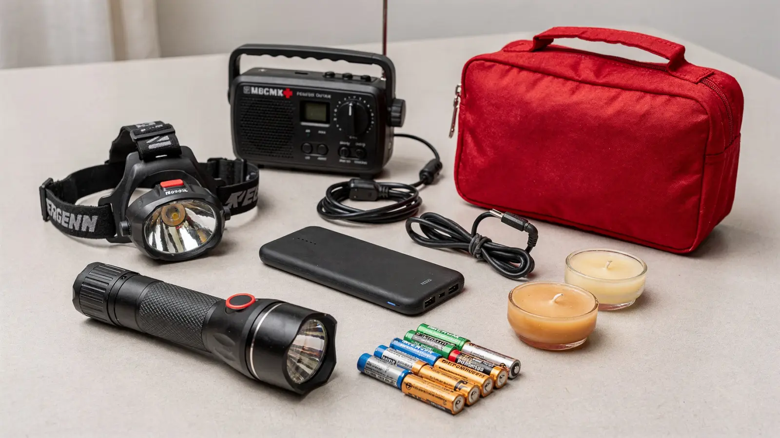Notfallausrüstung für Stromausfall mit Taschenlampe, Kurbelradio, Powerbank und Batterien auf einem Tisch