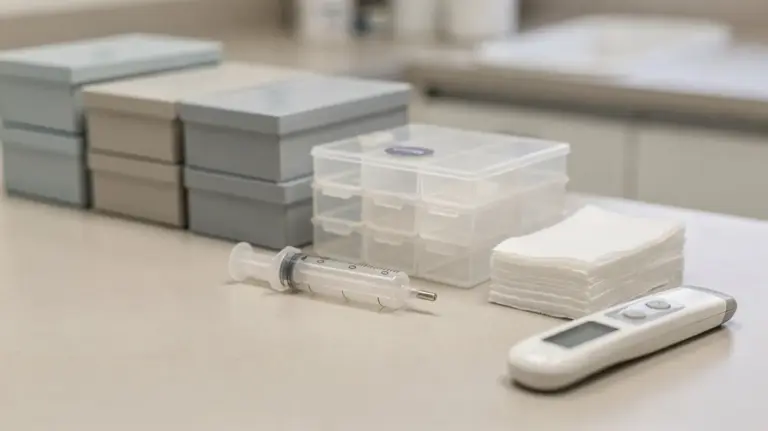 Geordneter Haustier-Medikamentenvorrat mit Dosierer, Thermometer und Aufbewahrungsboxen