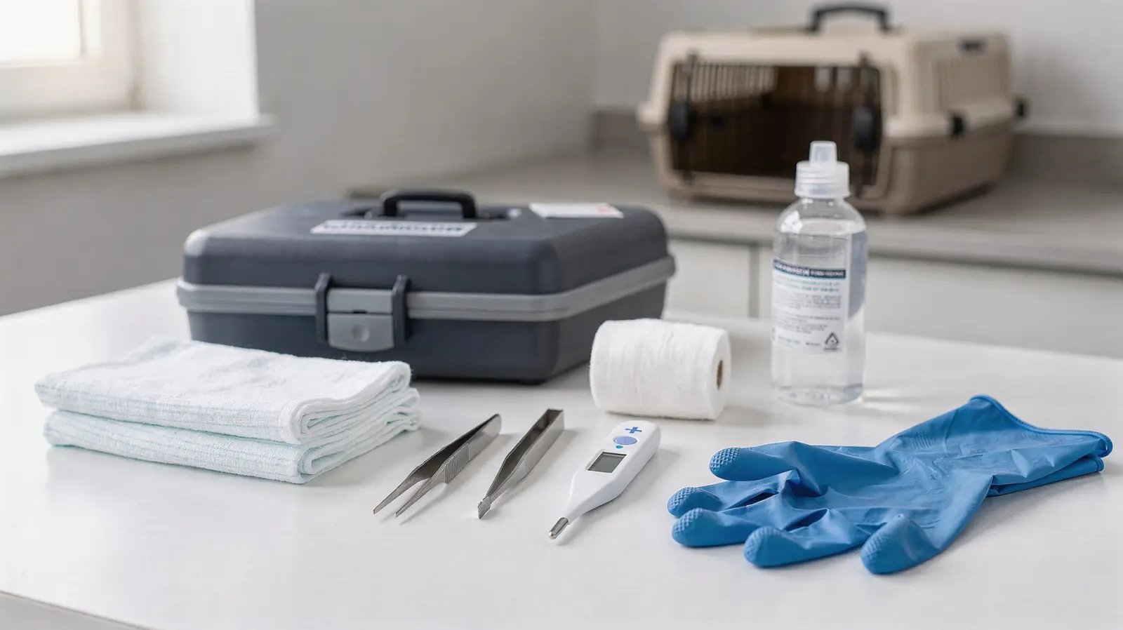 Kleintier-Notfallausrüstung mit Verband, Thermometer, Pinzette und Saline auf einem Tisch