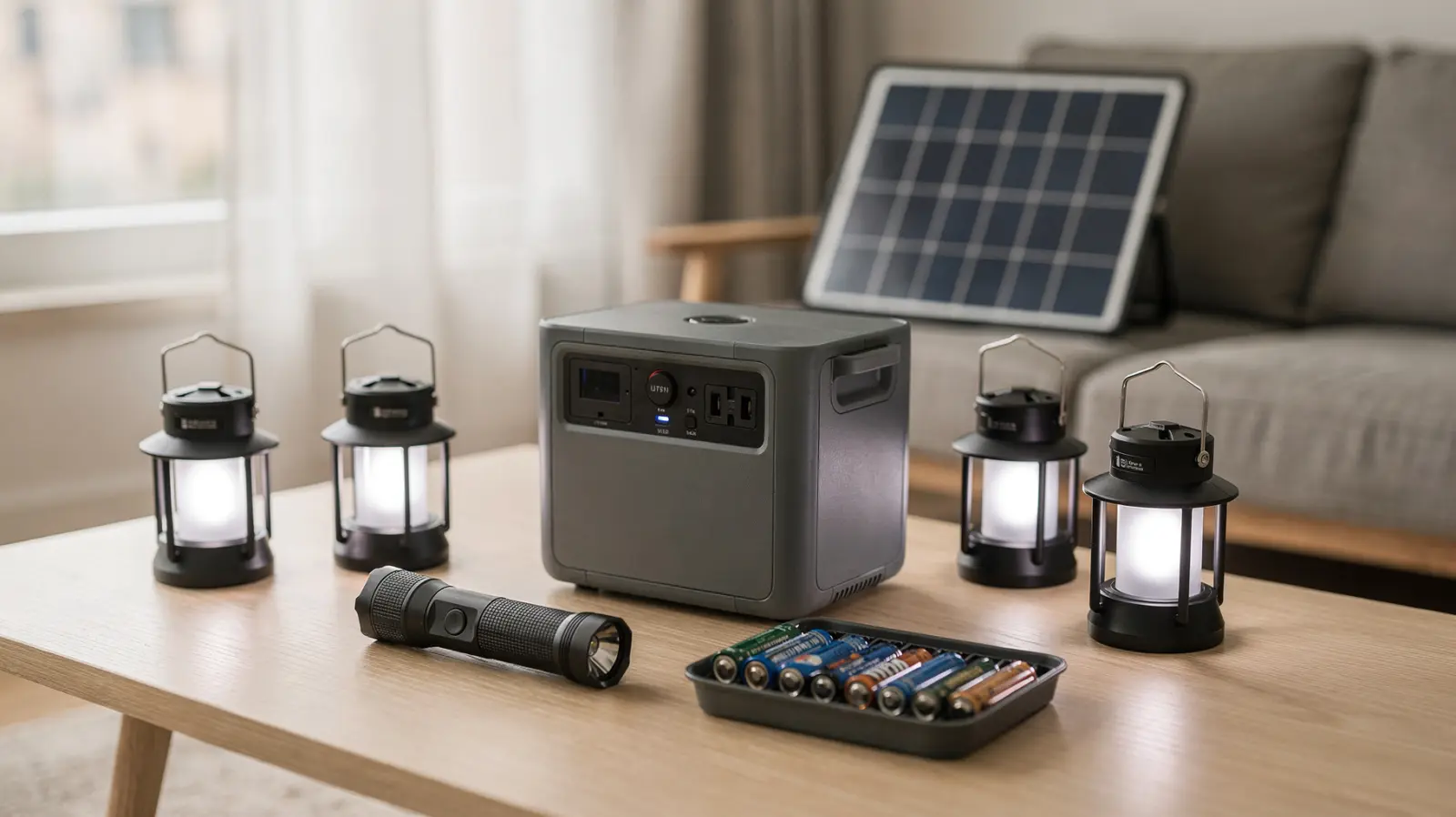 Notfallausrüstung für Stromausfall-Ersatzlösungen mit Powerstation, Lampe und Solarpanel