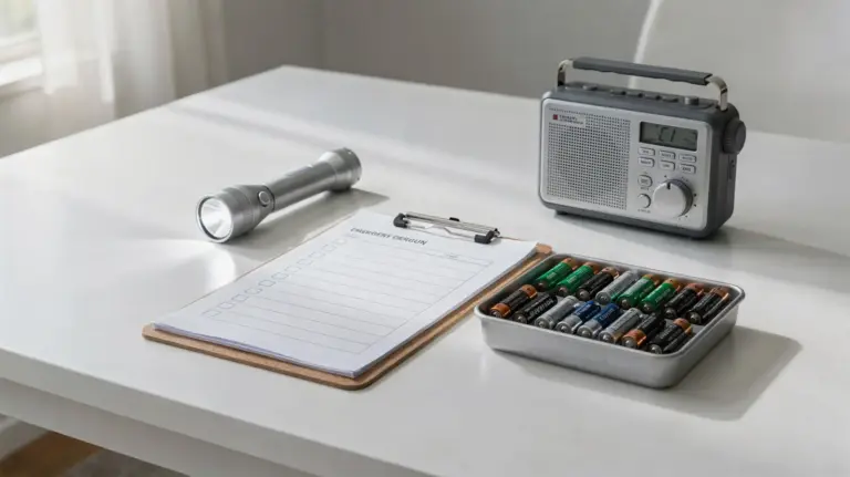 Taschenlampe-Radio-Checkliste mit Taschenlampe, Radio, Batterien und Notfallausrüstung