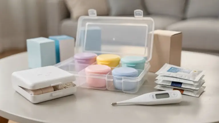 Notfallmedikamentenvorrat mit Medikamentenbox, Pillenorganizer und Thermometer auf einem Tisch