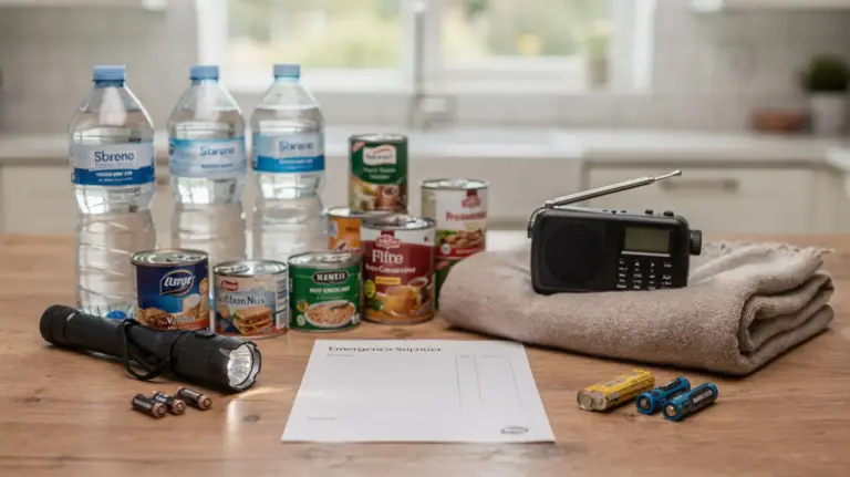 Notvorrat-Checkliste für den Start: Wasser, Lebensmittel, Taschenlampe und Radio in einem Haushalt