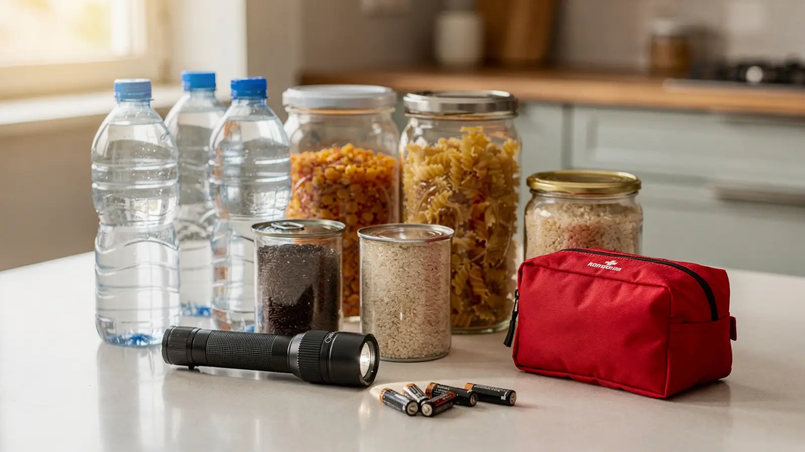 Notvorrat für 3 Tage mit Wasser, Lebensmitteln und Ausrüstung auf einem Tisch