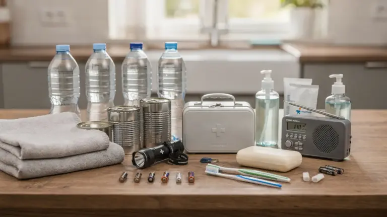 Notvorrat-Checkliste für Familien mit Wasser, Lebensmitteln, Taschenlampe und Hygieneartikeln