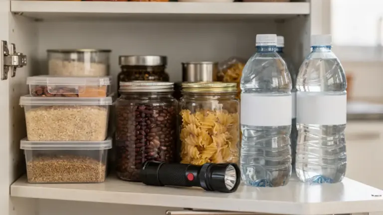 Notvorrat mit haltbaren Lebensmitteln, Wasser und Taschenlampe für 1 Person