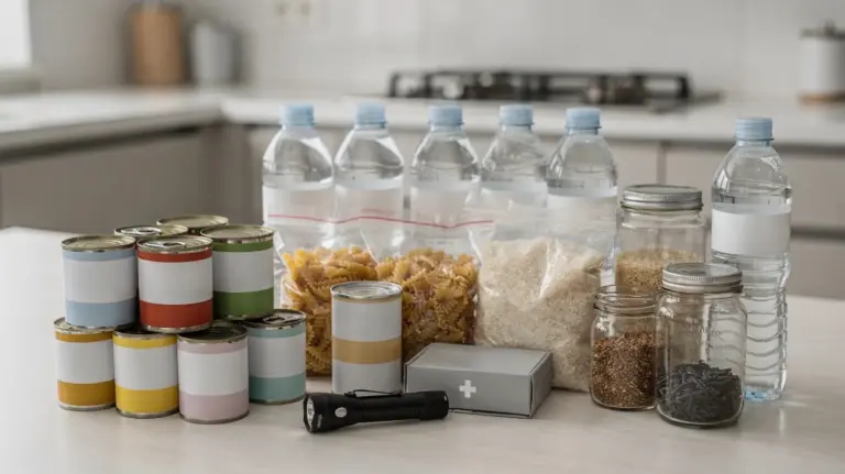 Notvorrat für 2 Personen mit haltbaren Lebensmitteln, Wasser, Taschenlampe und Erste-Hilfe-Set