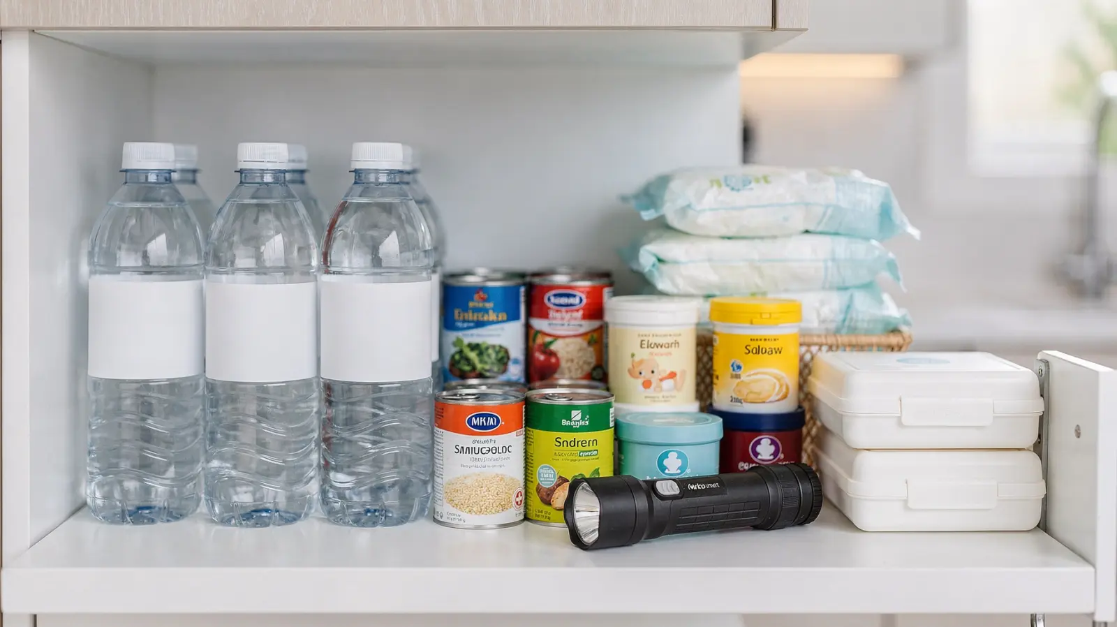 Geordnete Notvorräte für Familien mit Kinderbedarf: Wasser, Lebensmittel, Windeln und Hygieneartikel
