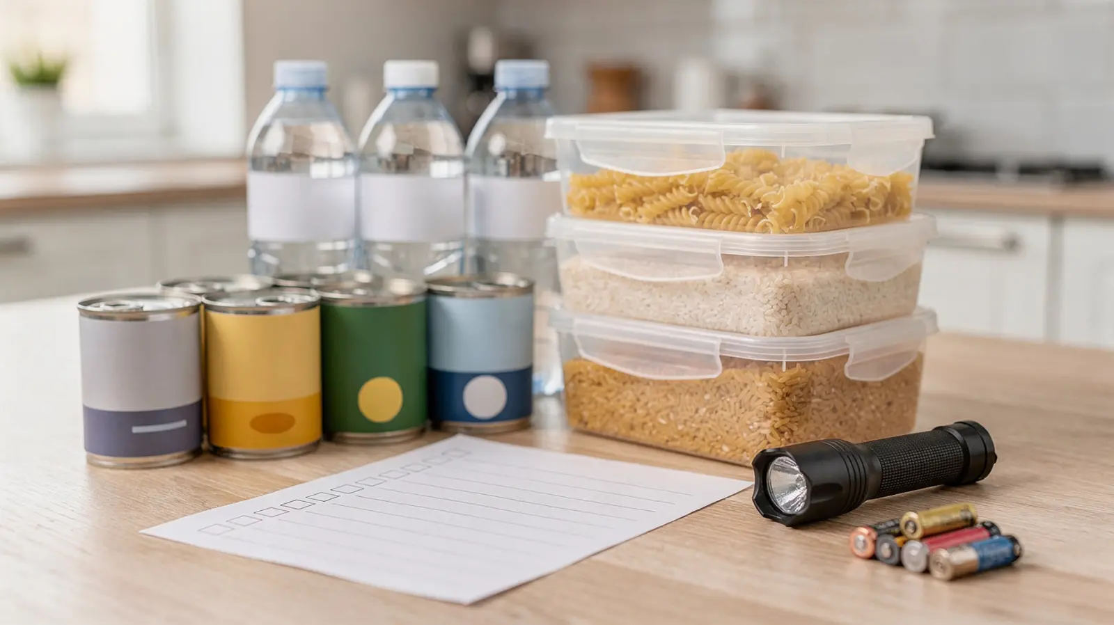 14-Tage-Notvorrat für Familien mit Wasser, haltbaren Lebensmitteln und Planungsunterlagen auf einem Tisch