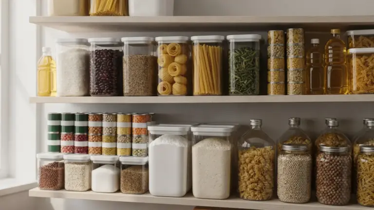 Geordnete Vorratsregale mit Lebensmitteln wie Reis, Pasta, Konserven und Hülsenfrüchten für den Vorratscheck.