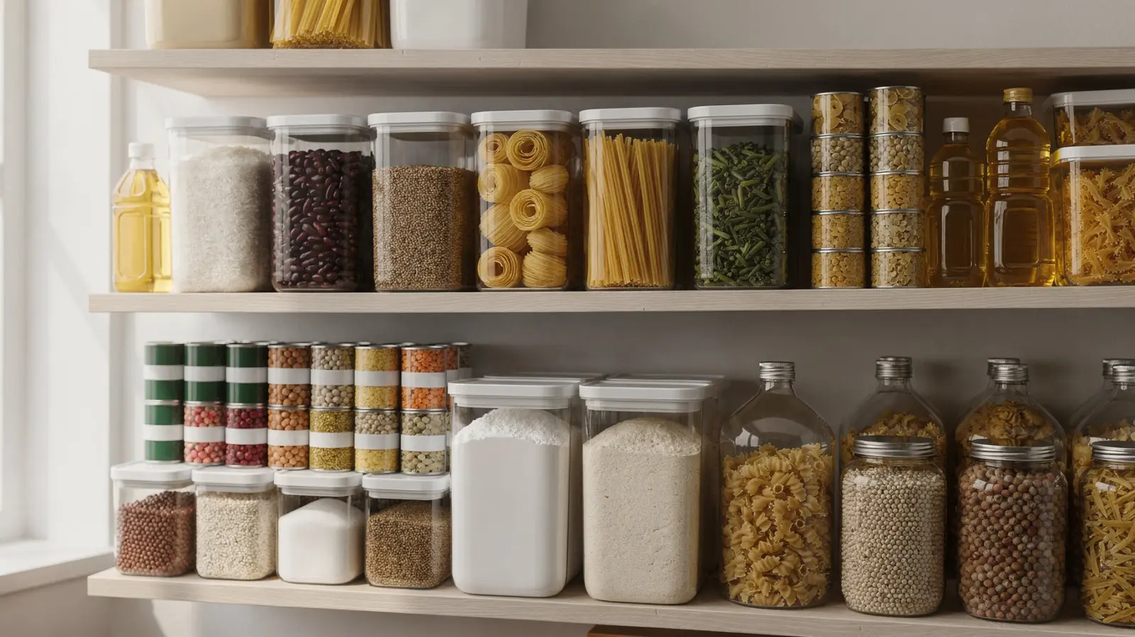 Geordnete Vorratsregale mit Lebensmitteln wie Reis, Pasta, Konserven und Hülsenfrüchten für den Vorratscheck.