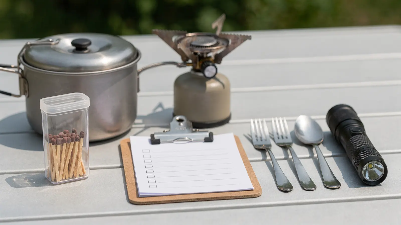 Kochen ohne Strom: Checkliste mit Campingkocher, Topf und Ausrüstung zur Sicherheitsprüfung