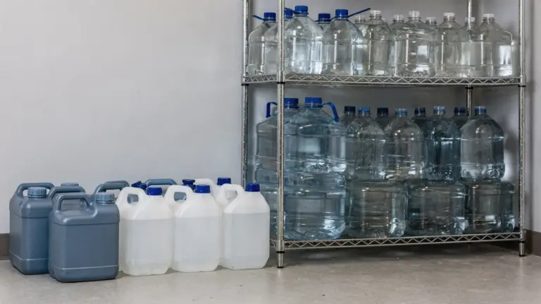 Notvorrat mit Wasserkanistern und Flaschen zur Wasserlagerung im Haushalt