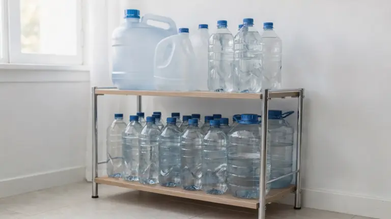 Notfallwasser günstig kaufen: geordnete Wasserflaschen und Kanister zur Vorratshaltung
