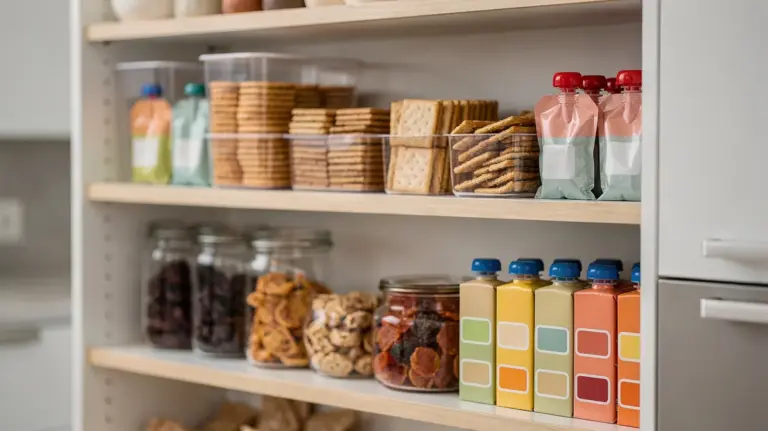 Haltbare Kindersnacks im Notvorrat in einer ordentlich bestückten Speisekammer