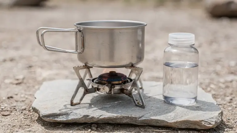 Spirituskocher mit Topf und Brennstoffbehälter als Sicherheitsthema beim sicheren Kochen
