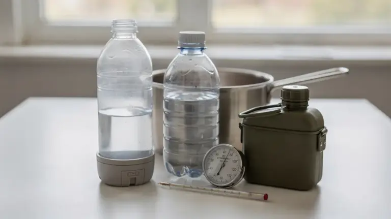 Notfall-Wasseraufbereitung mit Filter, Flasche und Kochtopf zur Prüfung und Sicherheit