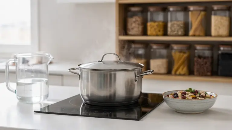 Wasser sparen beim Kochen mit Topfdeckel, Messkanne und Vorratsgläsern in der Küche