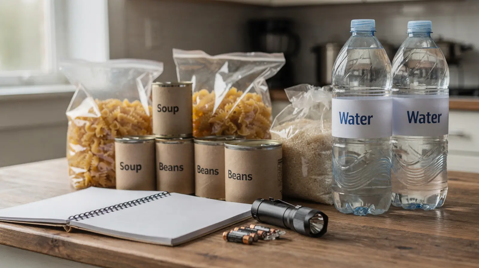 Günstiger Notvorrat mit Konserven, Wasser, Taschenlampe und Vorräten für die Notfallvorsorge