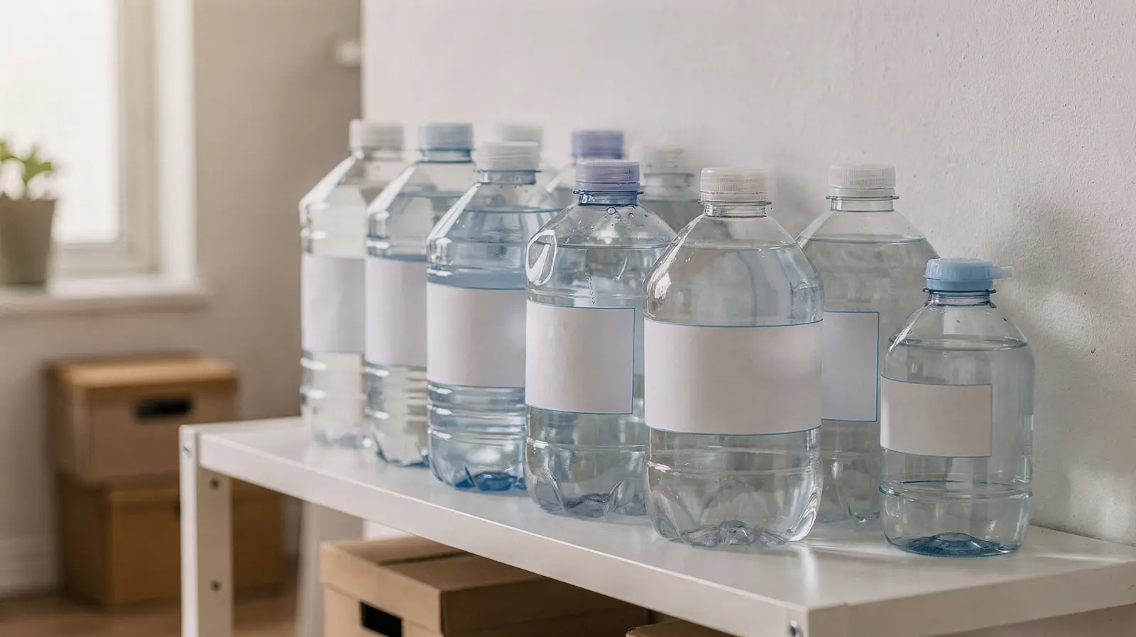 Notfall-Wasser-Vorrat für eine Familie mit Kanistern und Flaschen
