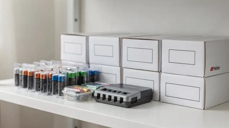 Batterien, Ladegerät und Taschenlampe im Notvorrat für die Checkliste