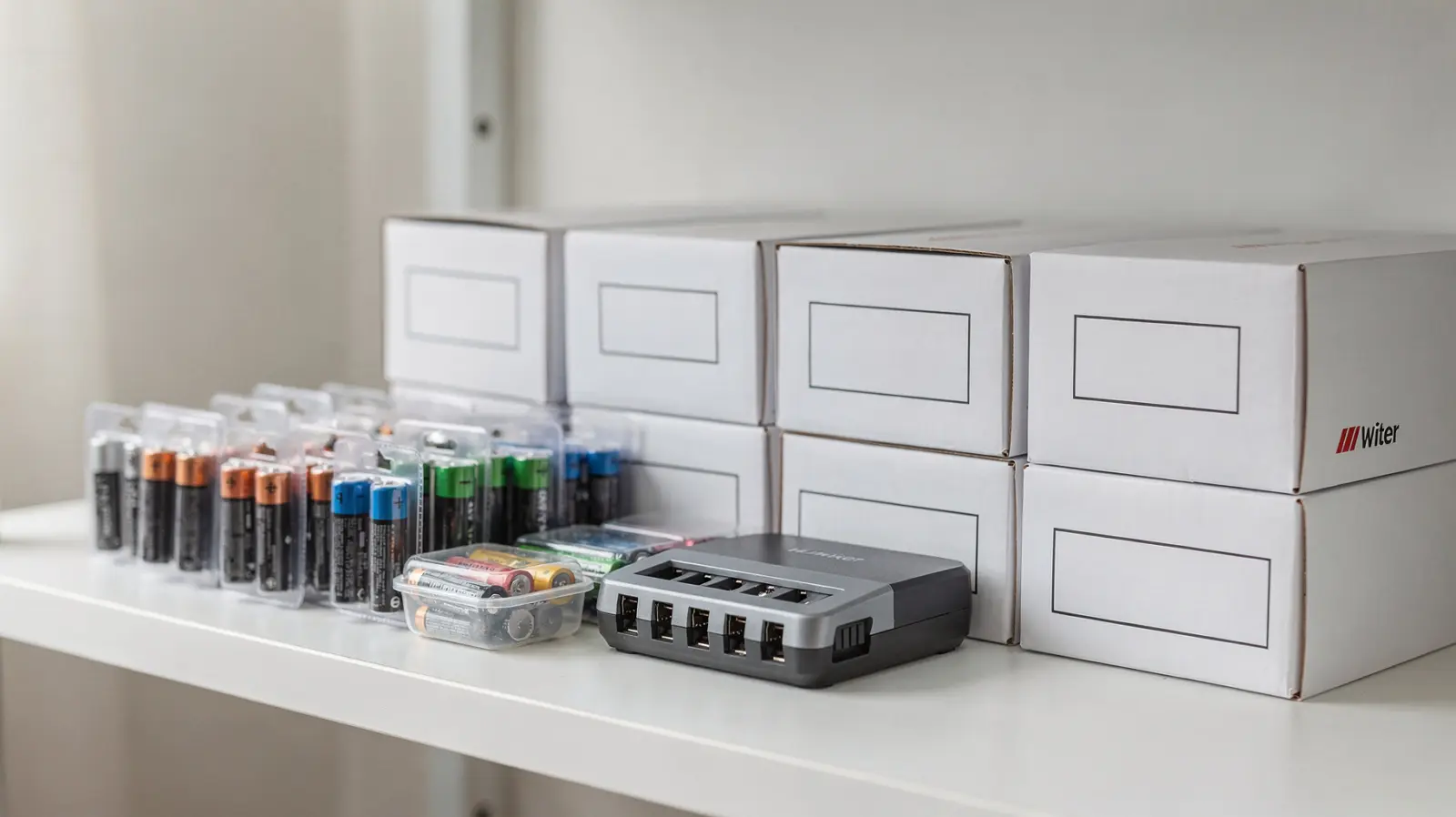 Batterien, Ladegerät und Taschenlampe im Notvorrat für die Checkliste