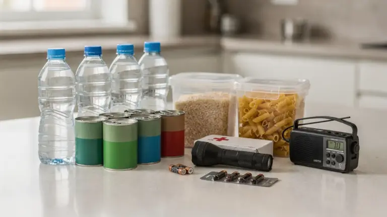 72-Stunden-Notvorrat mit Wasser, haltbaren Lebensmitteln, Taschenlampe und Radio auf einem Tisch