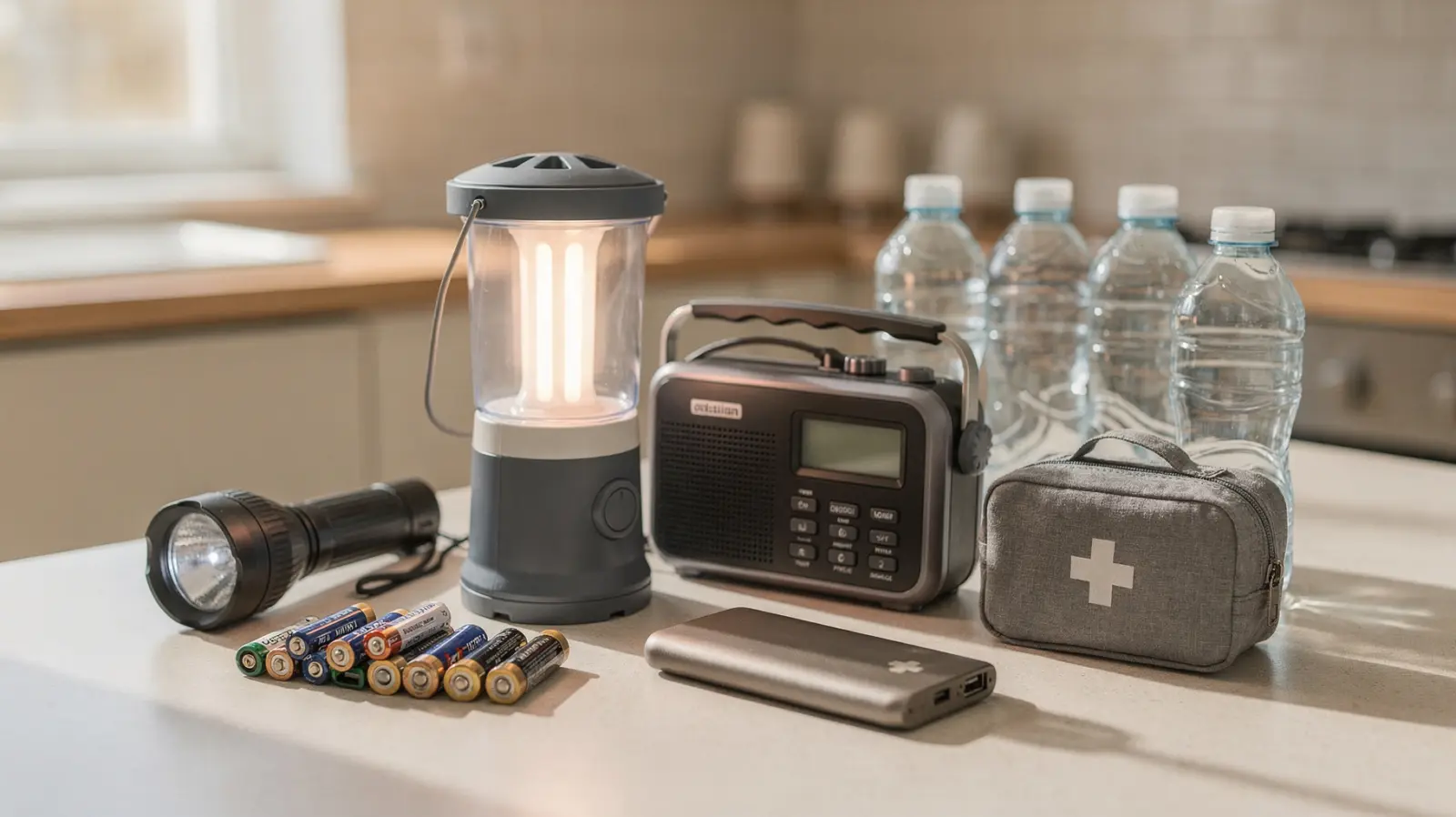 Stromausfall-Ausrüstung für Familien mit Taschenlampe, Radio, Batterien und Powerbank auf einem Tisch