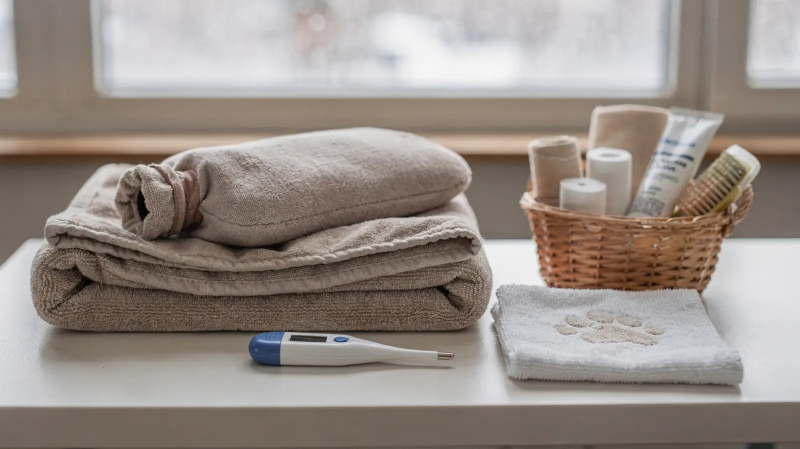 Notfallversorgung für Haustiere im Winter mit Decke, Thermometer und Wärmflasche