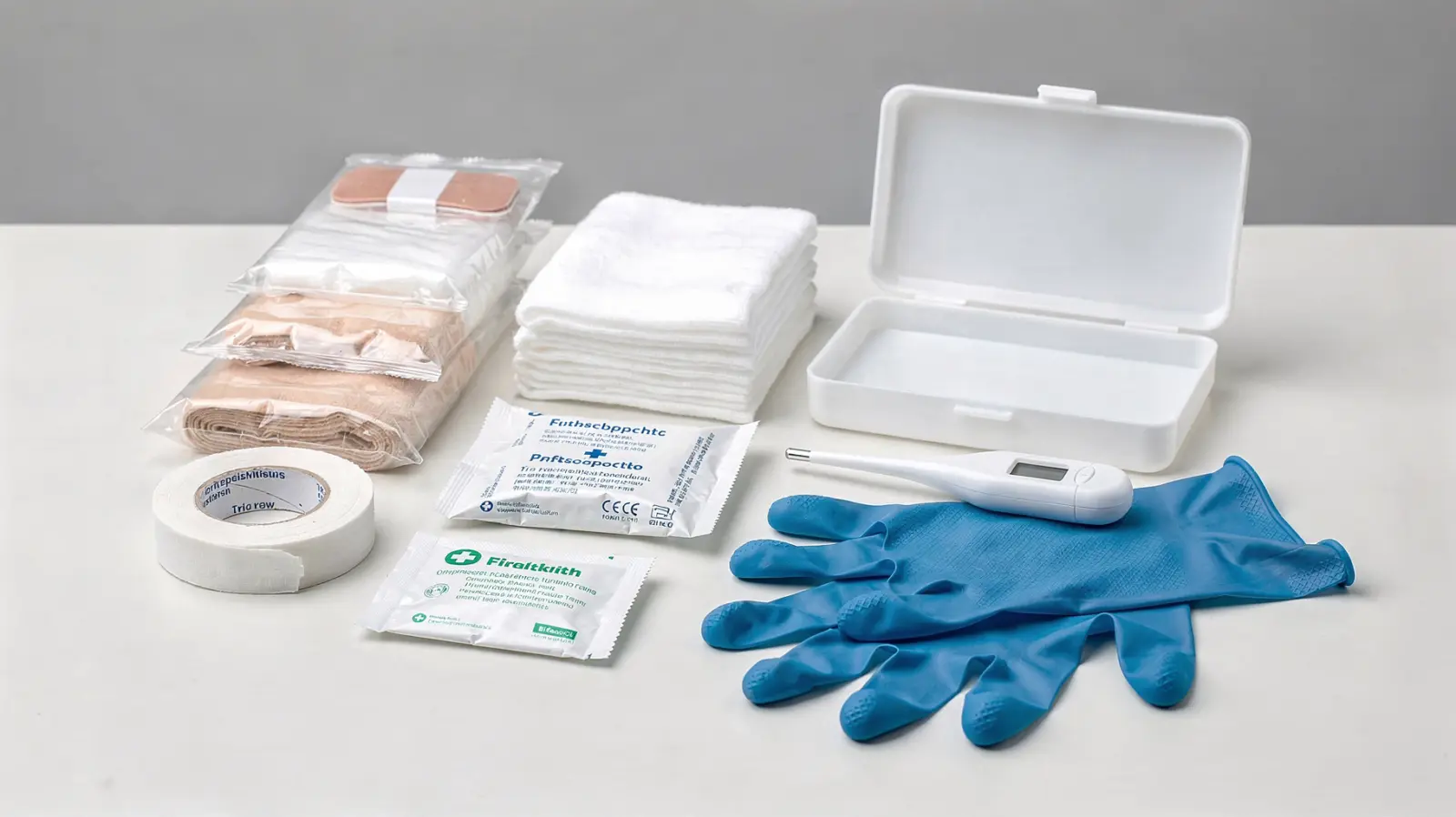 Erste-Hilfe-Set für den Notvorrat mit Verbandsmaterial, Handschuhen und Thermometer zur Haltbarkeitsprüfung