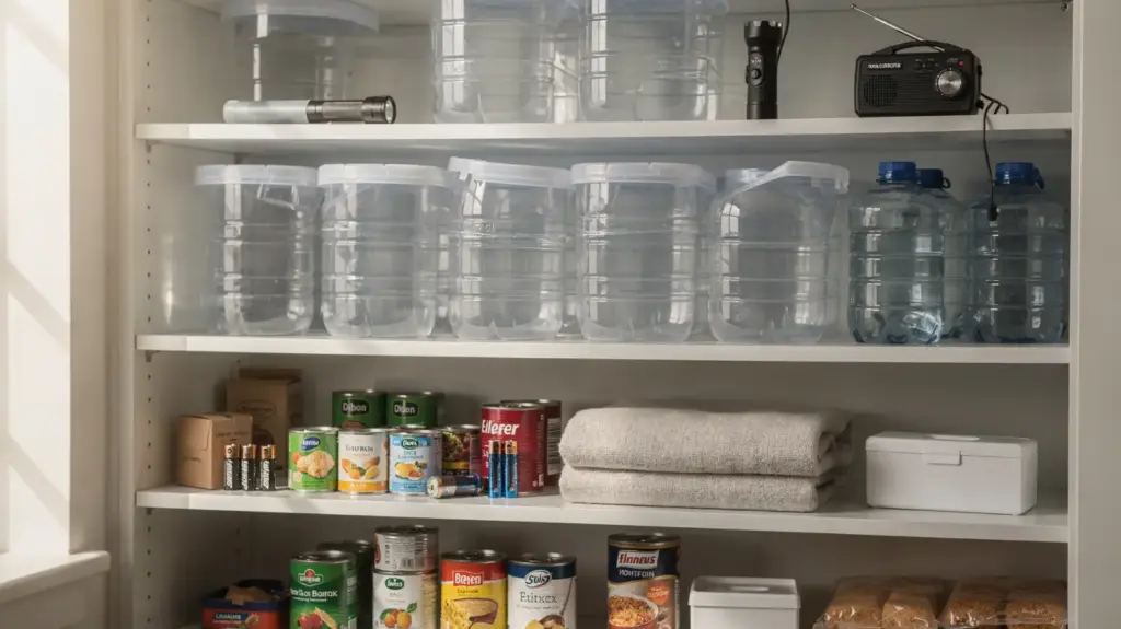Geordneter Notvorrat mit Wasser, Konserven, Taschenlampe und Erste-Hilfe-Set in einem Regal